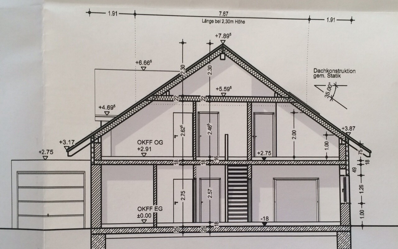 Schnitt durch ein mehrstöckiges Haus mit Dach, Treppe und Fundament