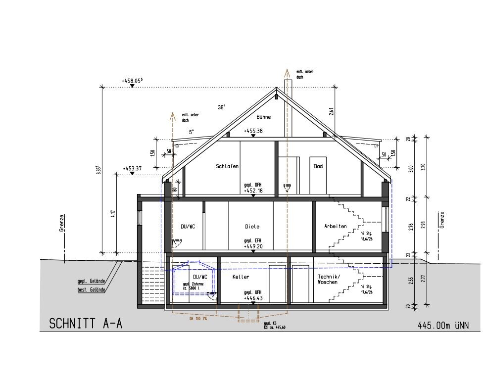 Schnitt A-A: Mehrstöckiges Haus mit Keller, Dachstuhl, Schlafen, Diele, Bad.