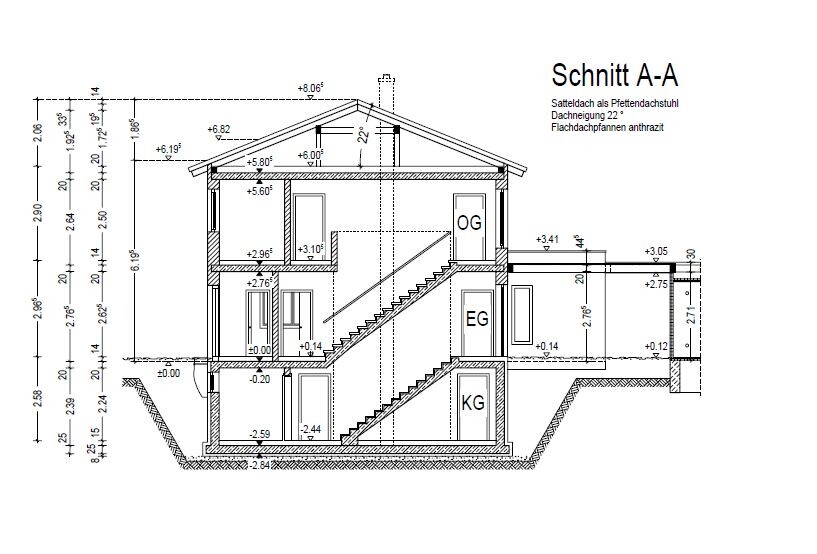 Schnitt A-A eines Hauses mit KG, EG, OG, Treppen und Dachstuhl