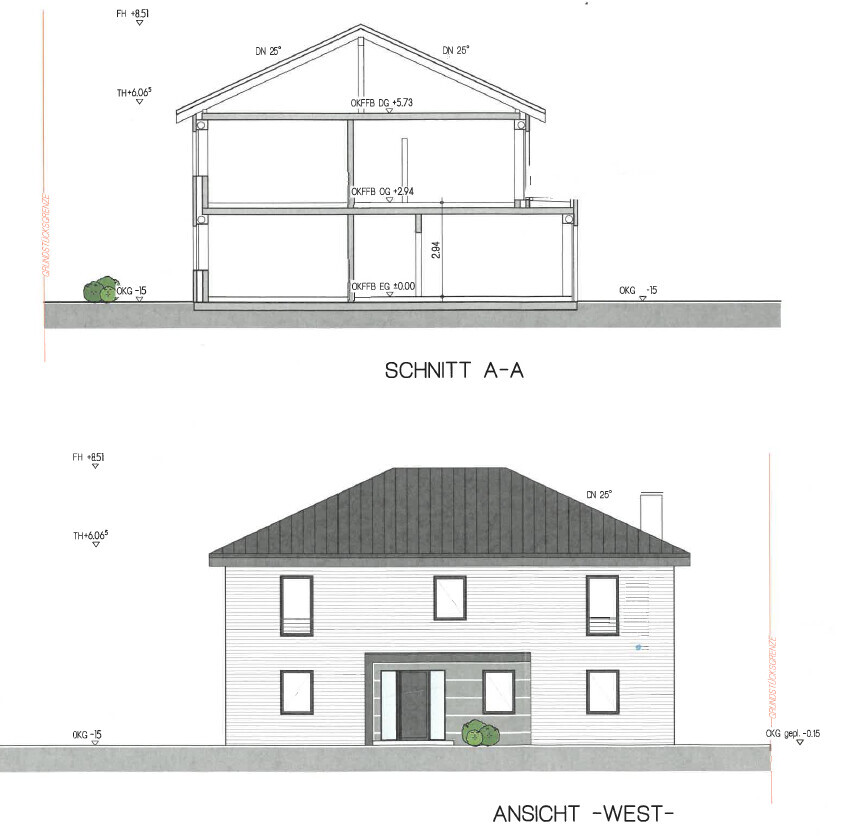 Schnitt A-A: zweigeschossiges Haus mit Satteldach; Westansicht mit Eingang und Fenstern.