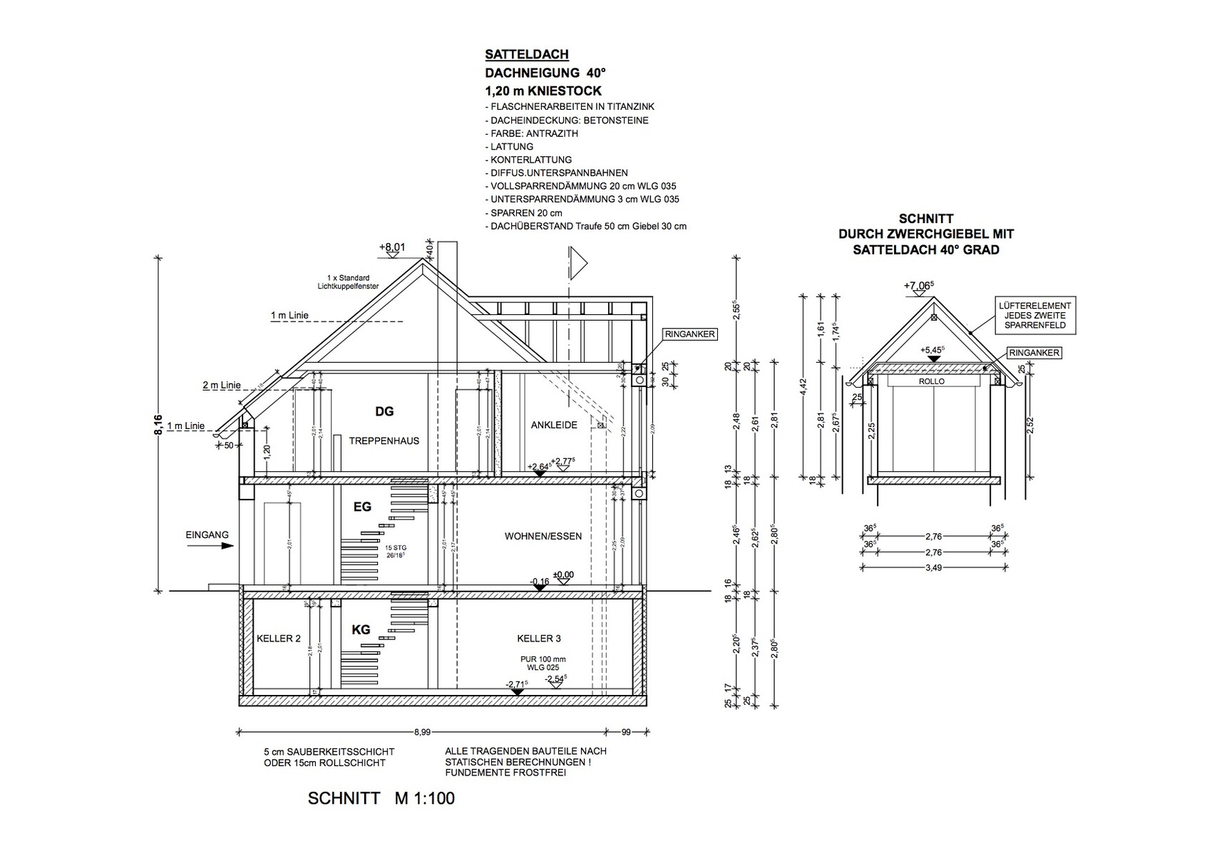 Technischer Haus-Schnittplan zeigt Keller, Erdgeschoss und Dach mit Maßen.