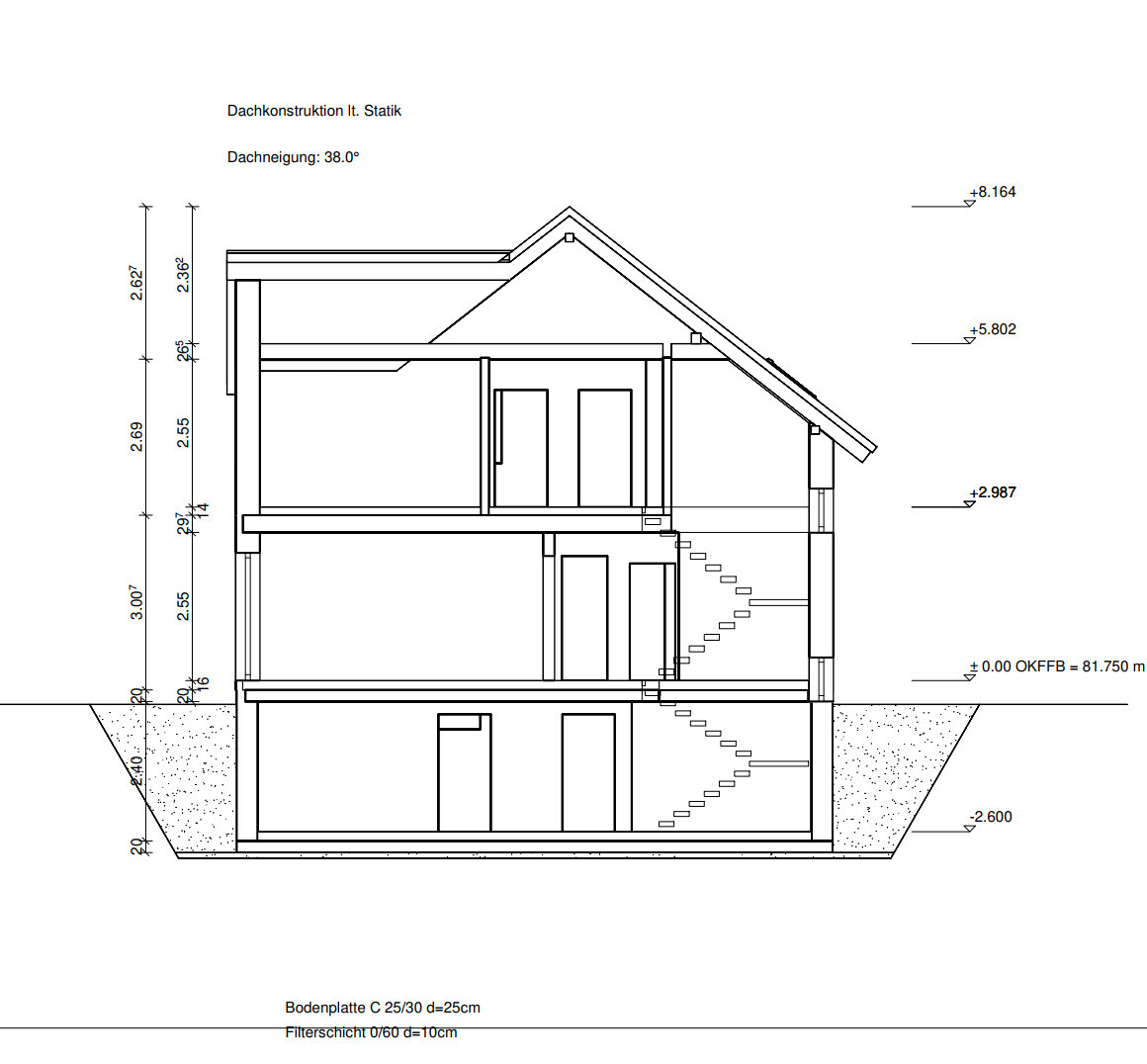 Architektur-Schnitt eines mehrstöckigen Hauses mit Treppen, Dach und Kellerfundament