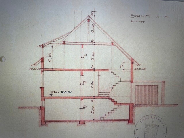 Schnitt A-B durch ein mehrstöckiges Haus mit Treppen, Keller, Erd- und Dachgeschoss.