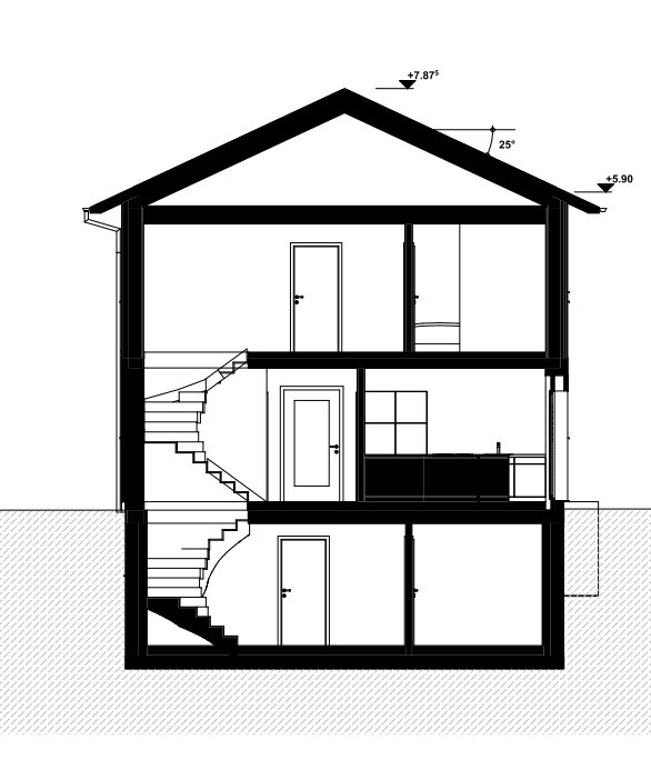 Schnitt durch ein dreistöckiges Haus mit Treppen, Türen und Küche.