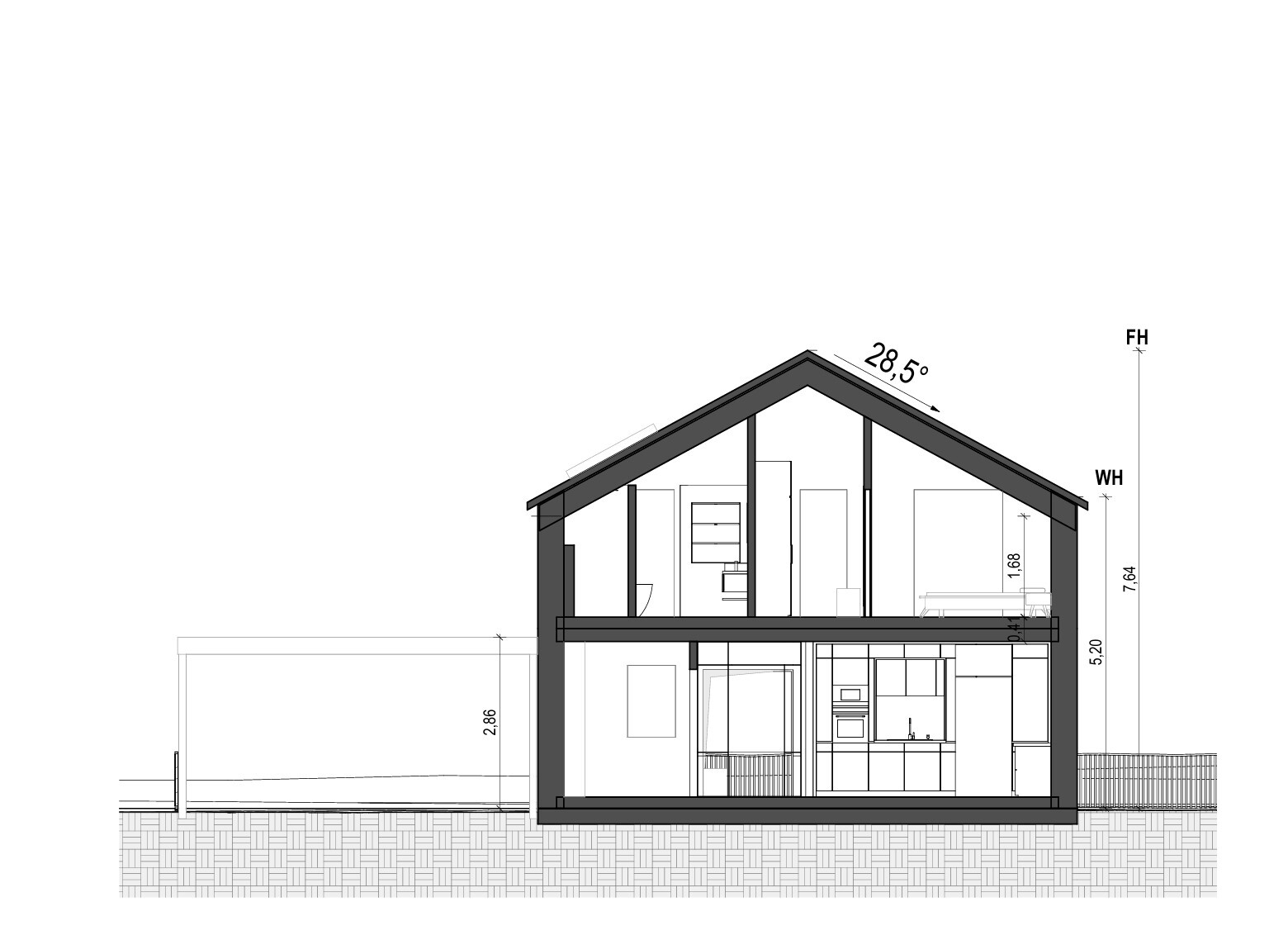 Schnitt durch zweistöckiges Haus mit Dachkonstruktion, Grundriss und Innenraumdetails.