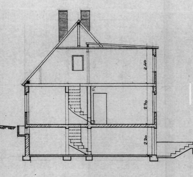Querschnitt eines dreistöckigen Hauses mit Treppenhaus, Fenstern und Kamin