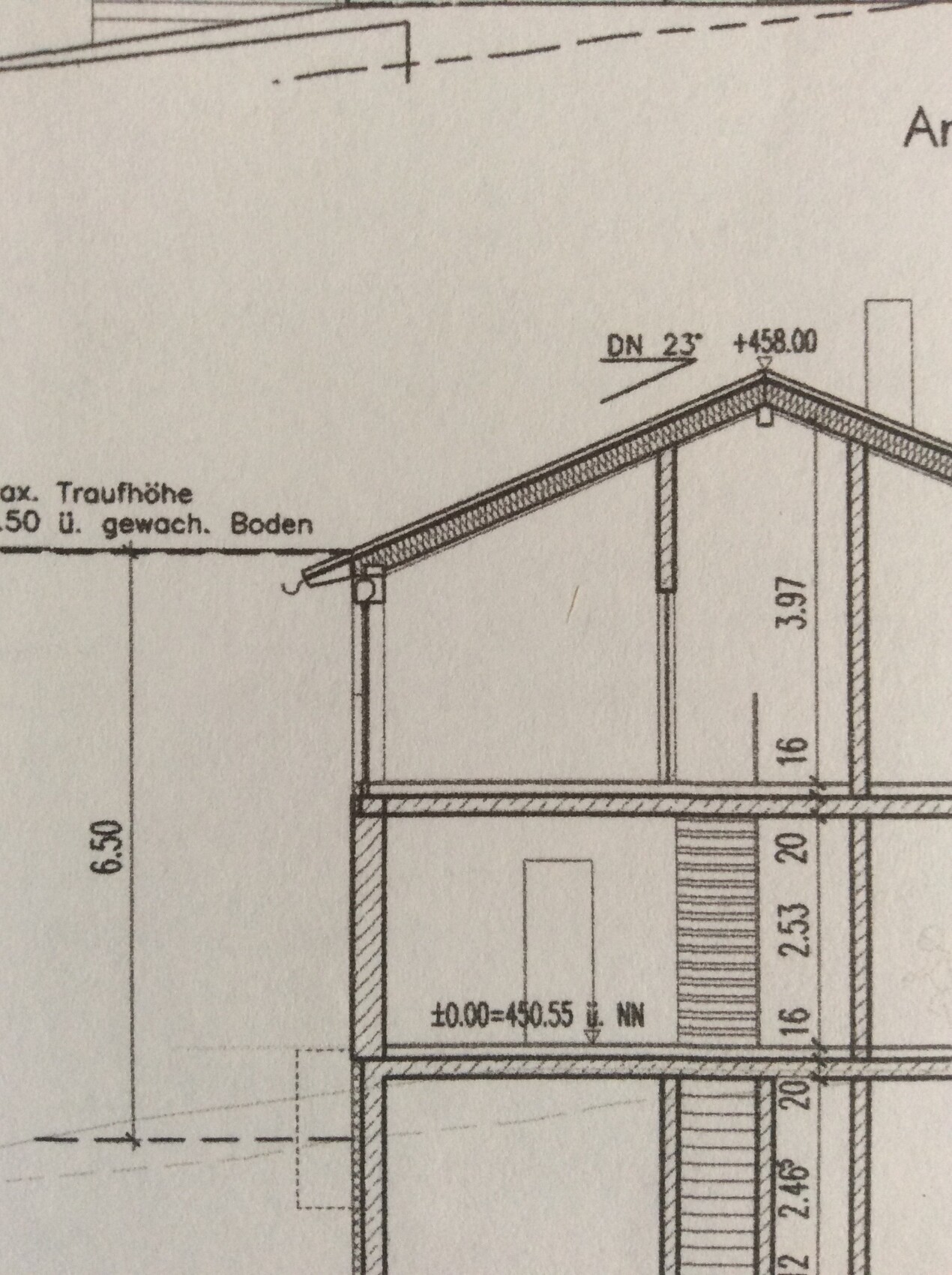 Schnittansicht eines Hauses mit geneigtem Dach, mehreren Geschossen und Treppe.