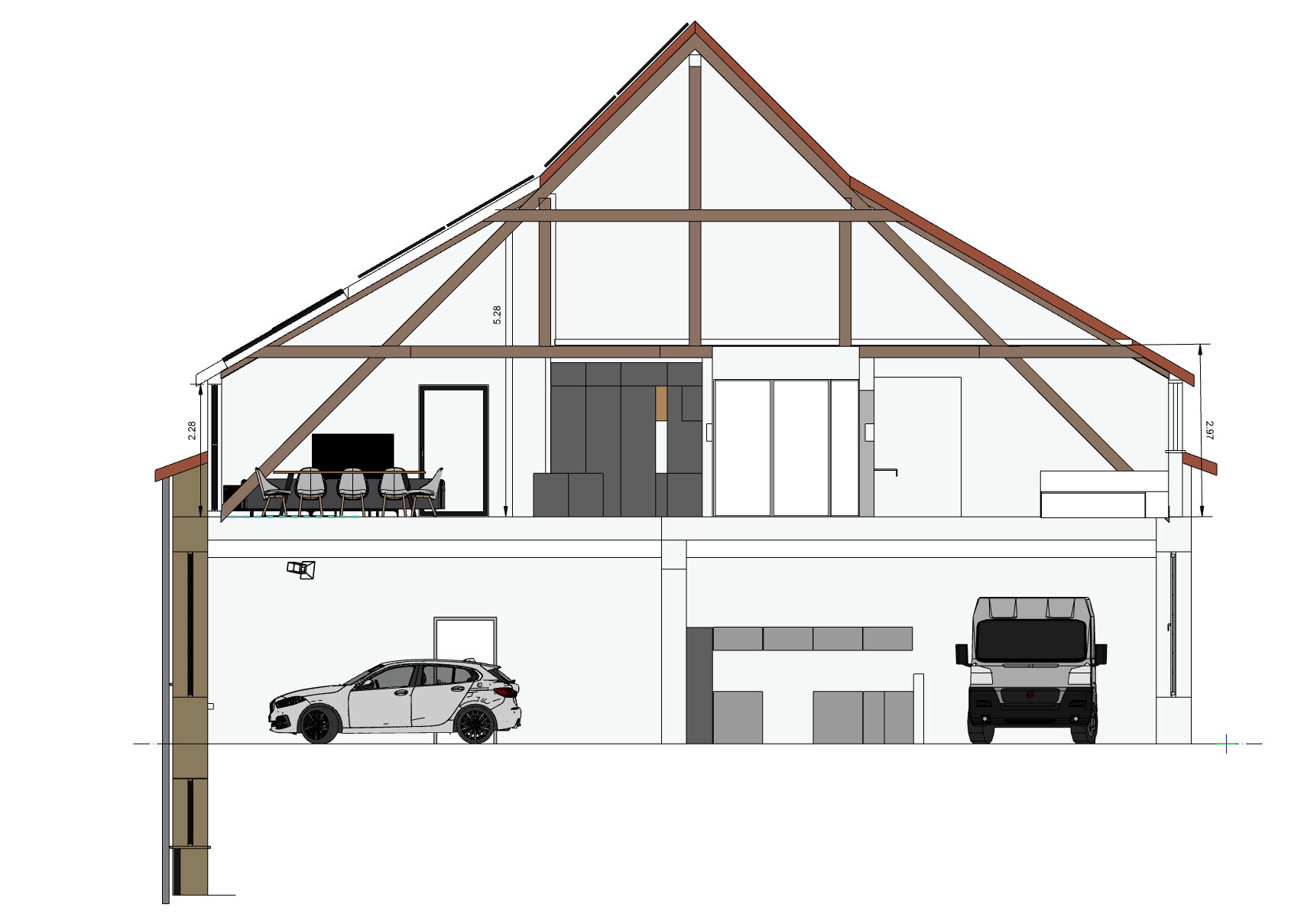 Querschnitt eines Hauses mit Dachstuhl, Wohnbereich und Doppelgarage mit Autos.