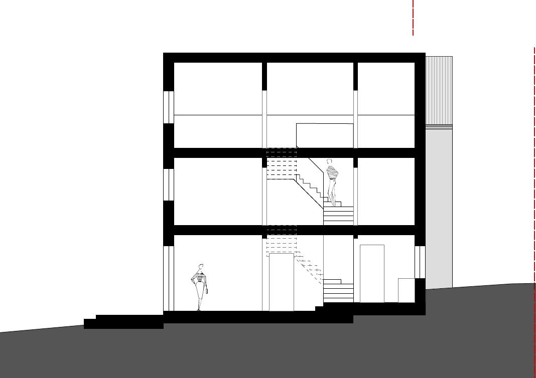 Querschnitt durch ein mehrstöckiges Gebäude mit Treppenhaus und Personen auf Treppen und Böden.