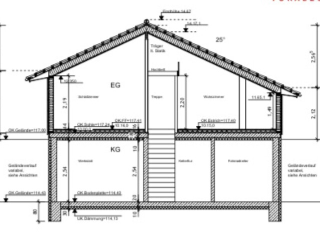Querschnitt durch ein zweistöckiges Haus mit Dachstuhl, Treppe im Zentrum, EG und KG sichtbar