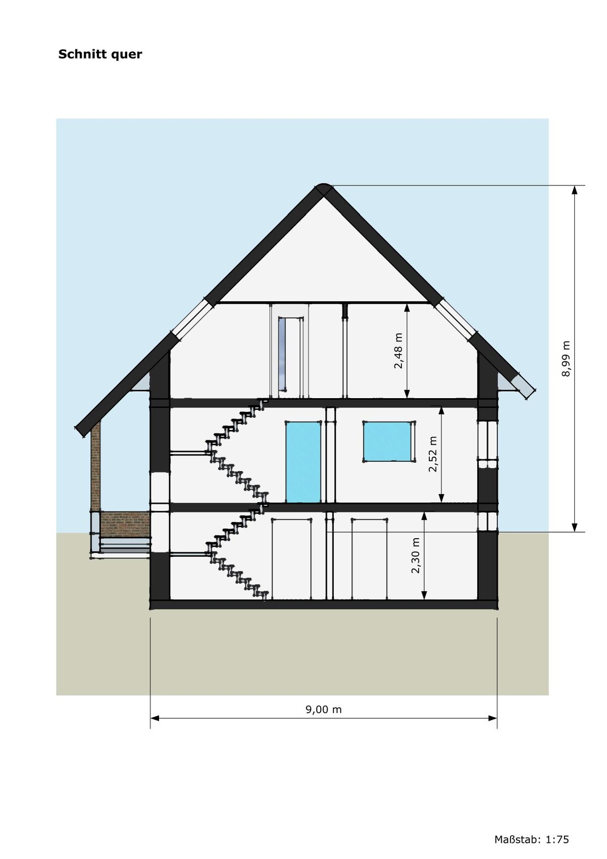 Querschnitt durch ein mehrstöckiges Haus mit Treppenhaus, Türen, Fenstern und Maßangaben