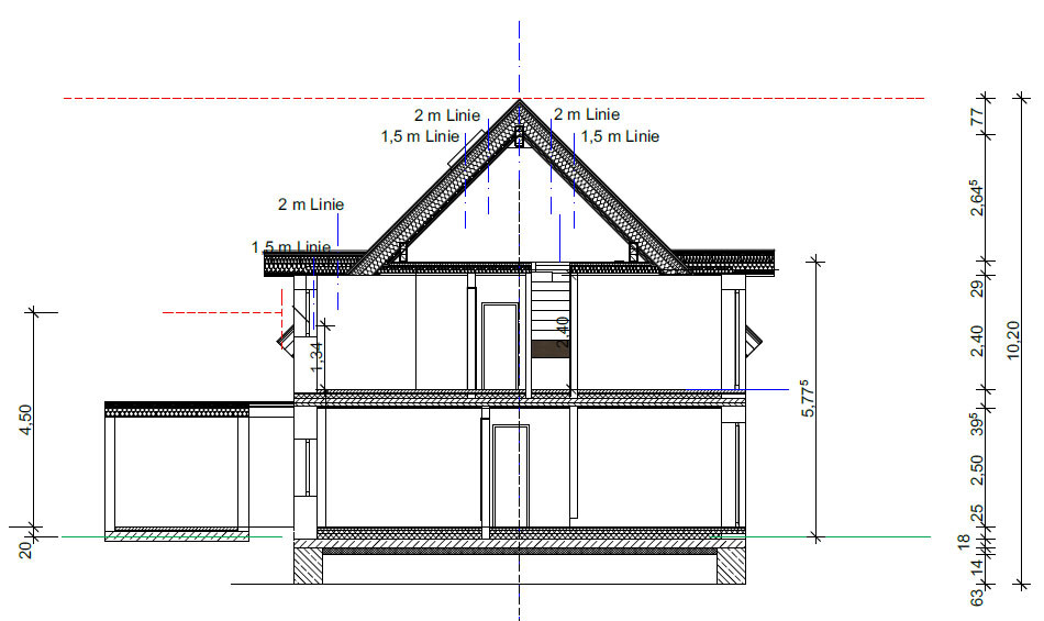 Schnitt durch ein zweigeschossiges Haus mit Dachstuhl, Innenraum, Maßlinien.