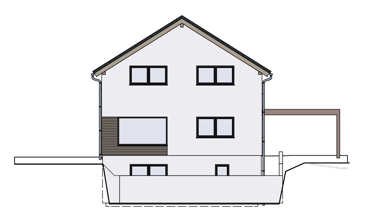 Querschnitt eines zweistöckigen Hauses mit Satteldach, Fenstern, Keller und Terrasse.