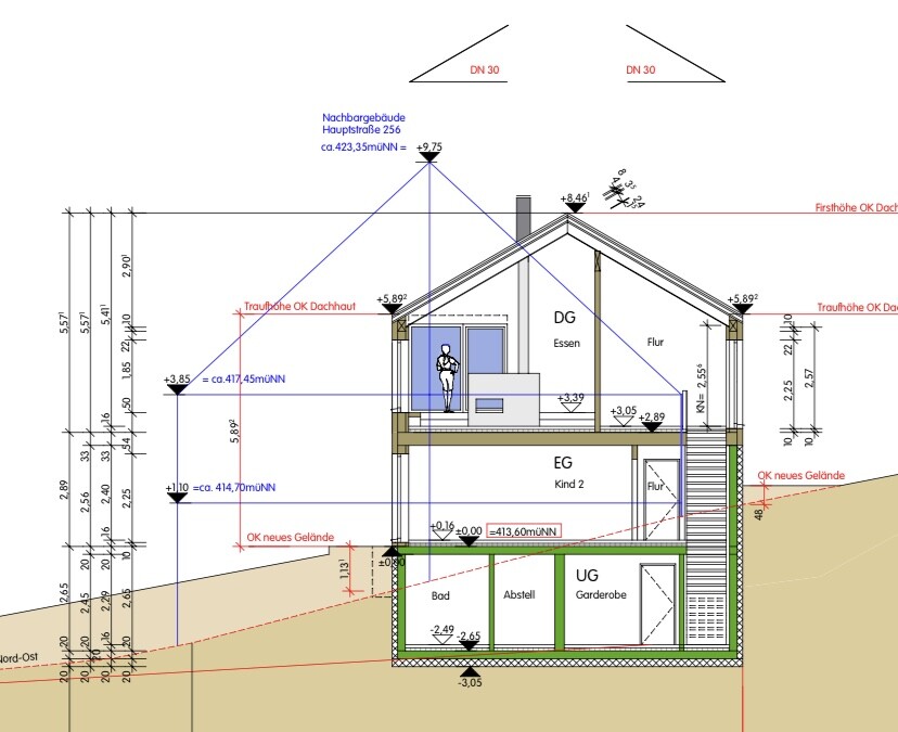Schnitt durch ein mehrstöckiges Haus mit DG, EG, UG, Treppe und Fenstern