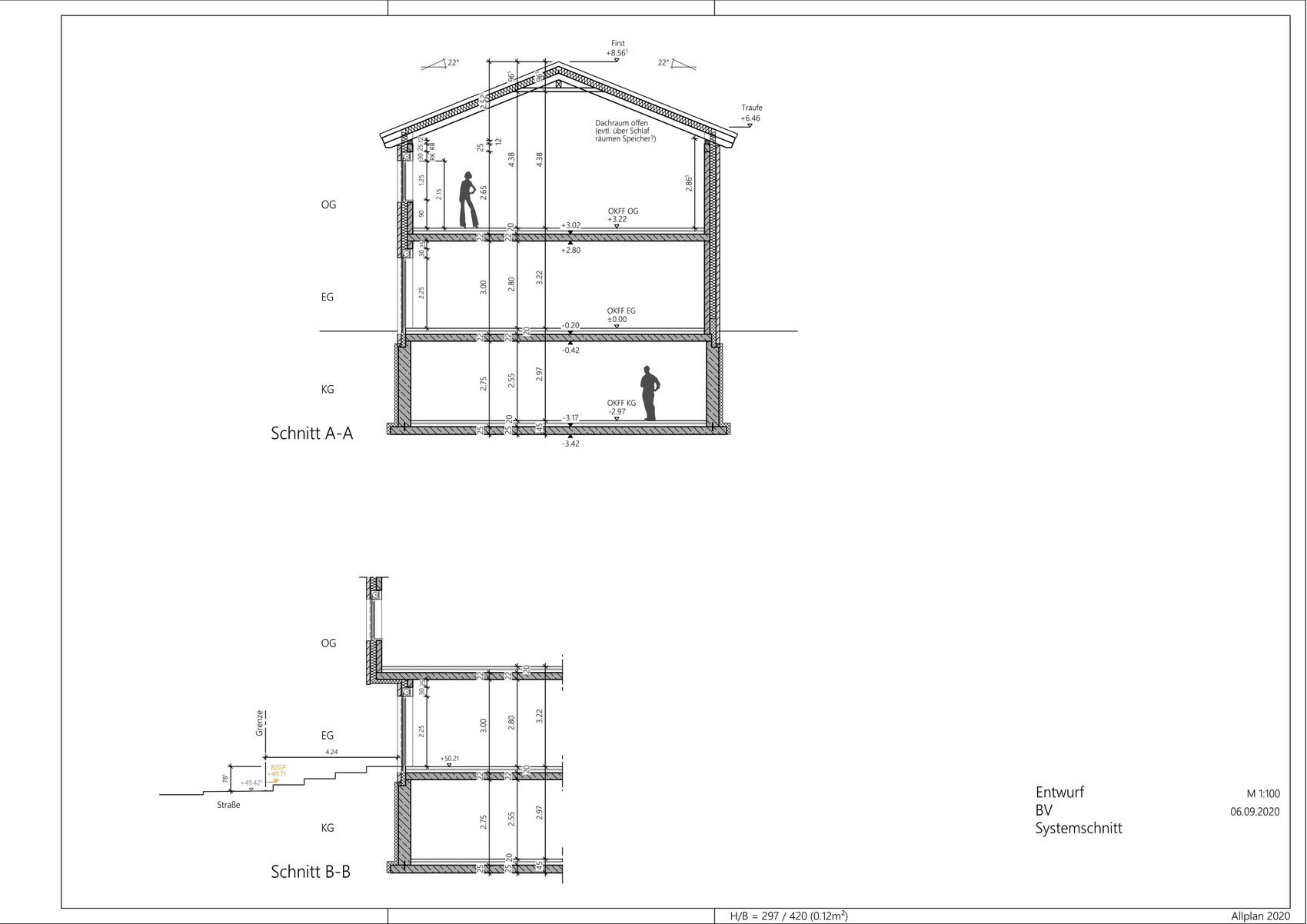Architektur-Schnitte A-A und B-B eines Hauses mit Dachstuhl, OG/EG/KG