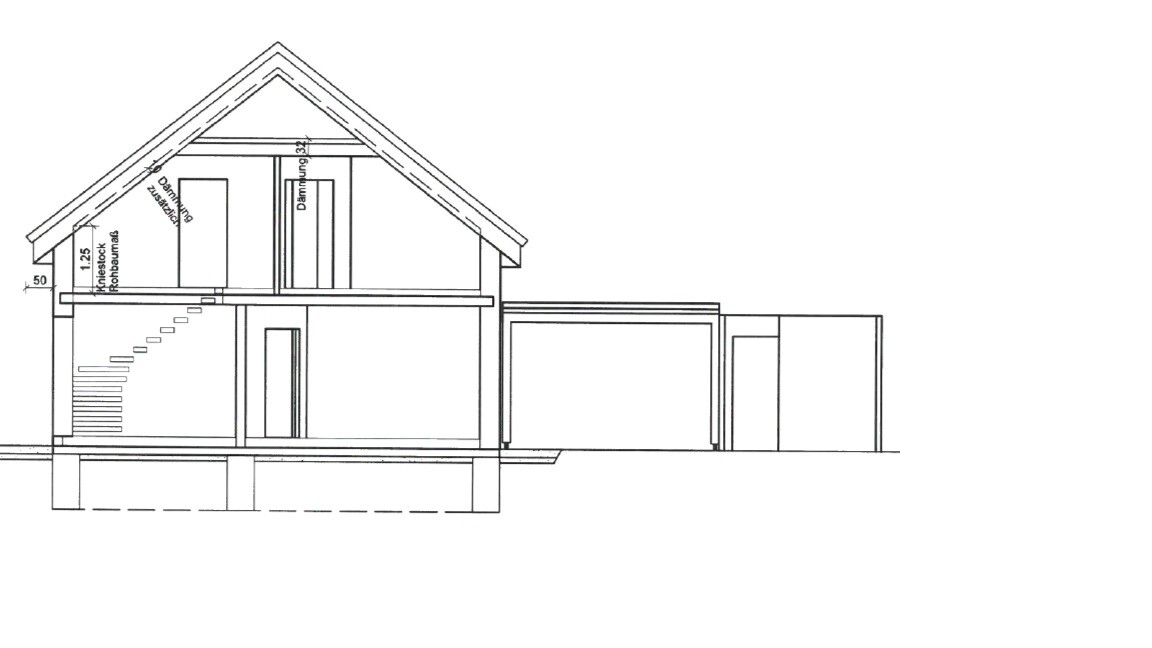 Schnittzeichnung eines Hauses mit Treppe, Stockwerken und Fundament