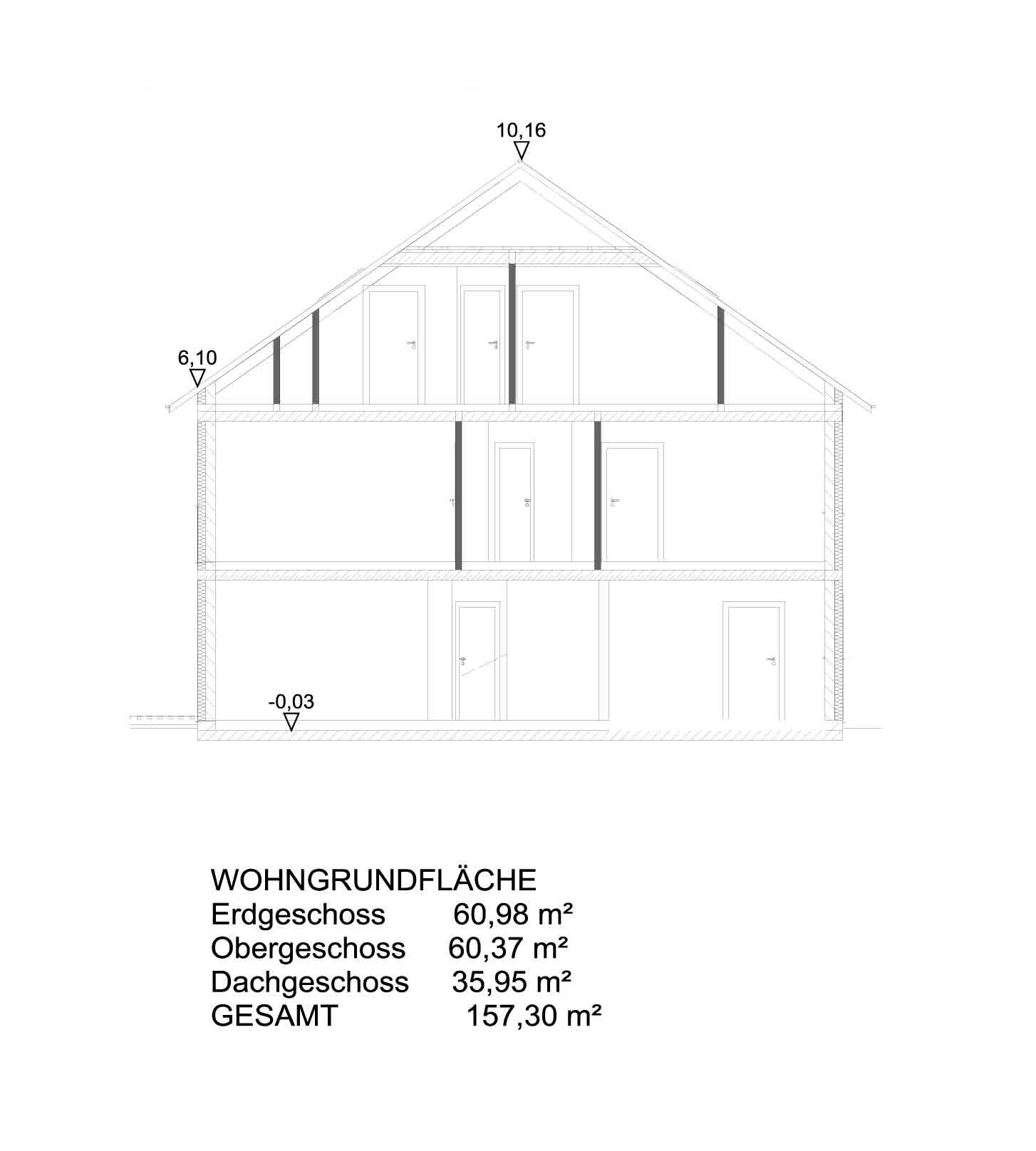 Schnitt durch ein mehrstöckiges Haus mit Dachstuhl, Türen und Treppen