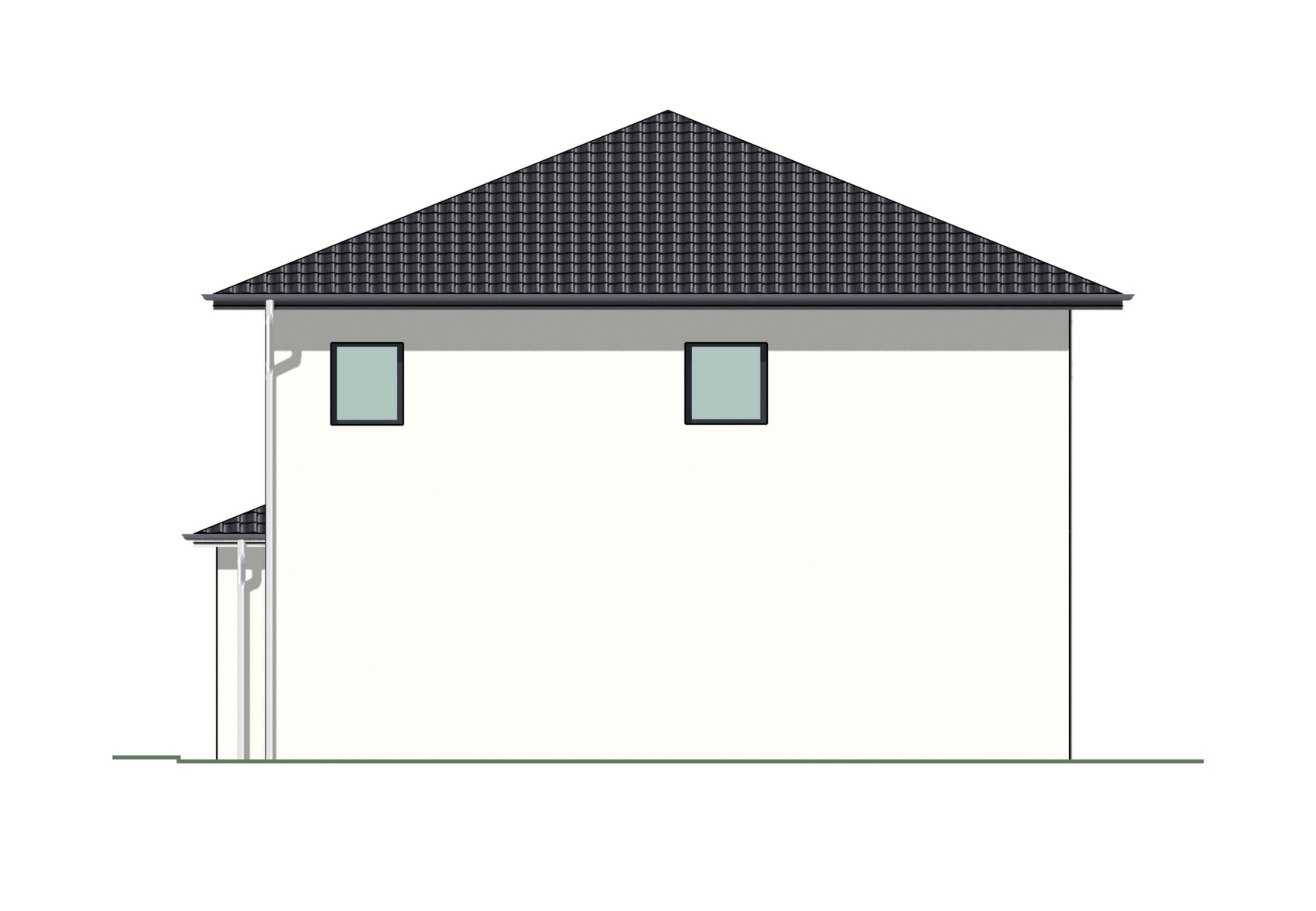 Seitliche Ansicht eines zweistöckigen Hauses mit dunklem Ziegeldach, zwei quadratischen Fenstern
