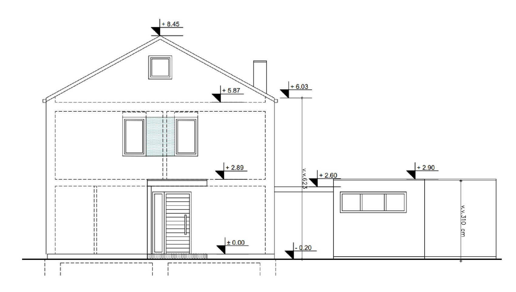 Ansicht eines zweigeschossigen Hauses mit Satteldach, Fenstern, Tür und Anbau.