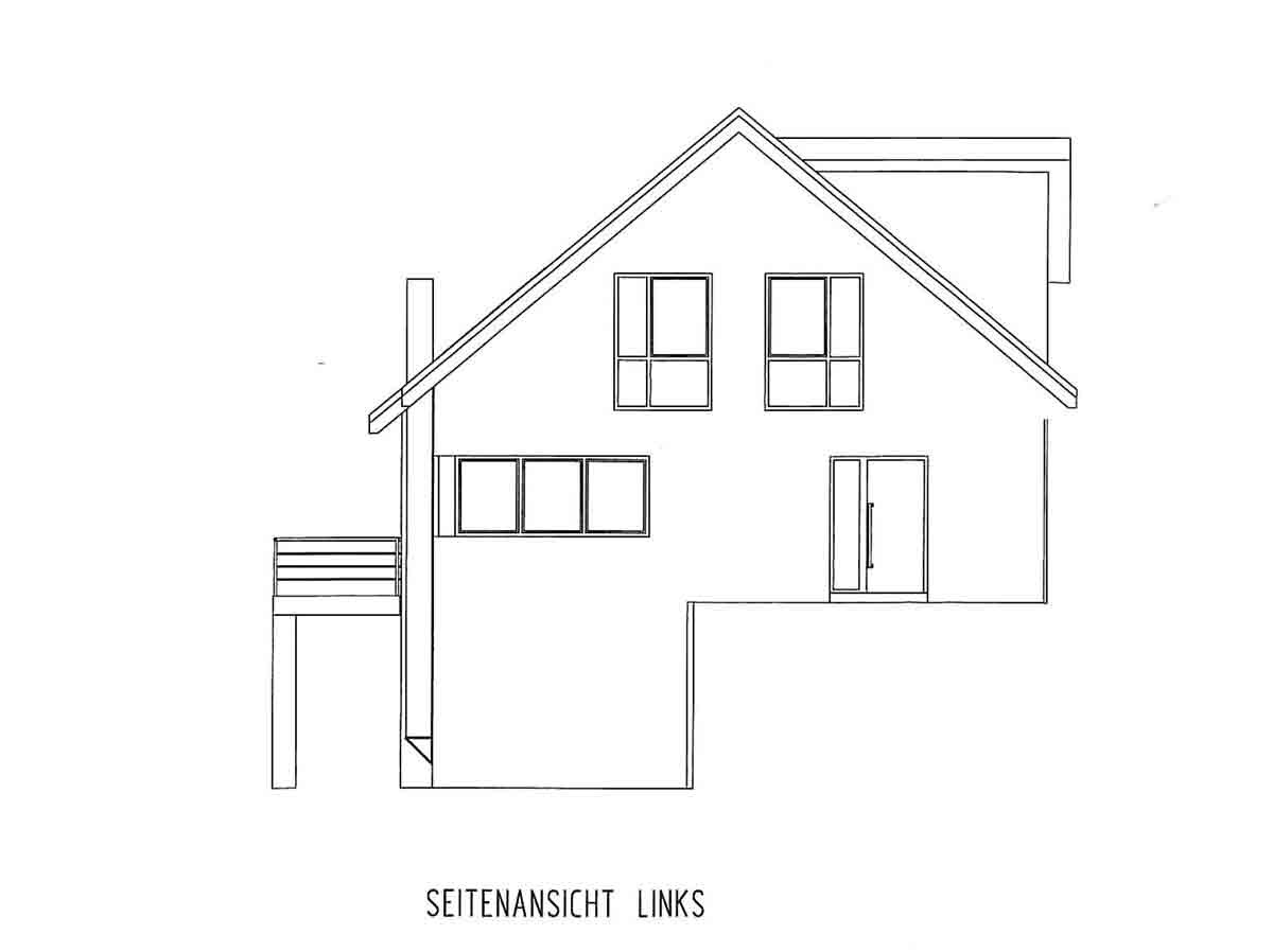 Seitenansicht eines Hauses von links mit Dach, Fenstern und Eingangstür.