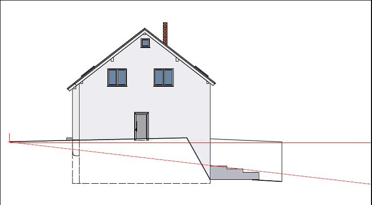 Seitenansicht eines Hauses mit Fundament, Kellertreppe und Querschnittszeichnung