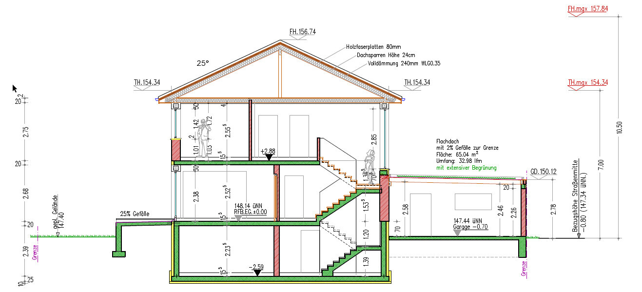 Schnitt durch ein mehrstöckiges Wohnhaus mit Dachstuhl, Treppen und Türen; mit Maßangaben.