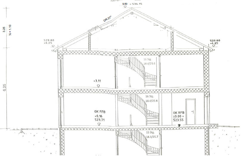 Querschnitt eines mehrstöckigen Hauses mit Treppenhaus, Dachstuhl und Fundamenten.