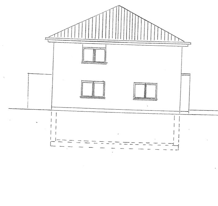 Skizze eines Hauses mit Dach und sichtbar angedeutetem Fundament