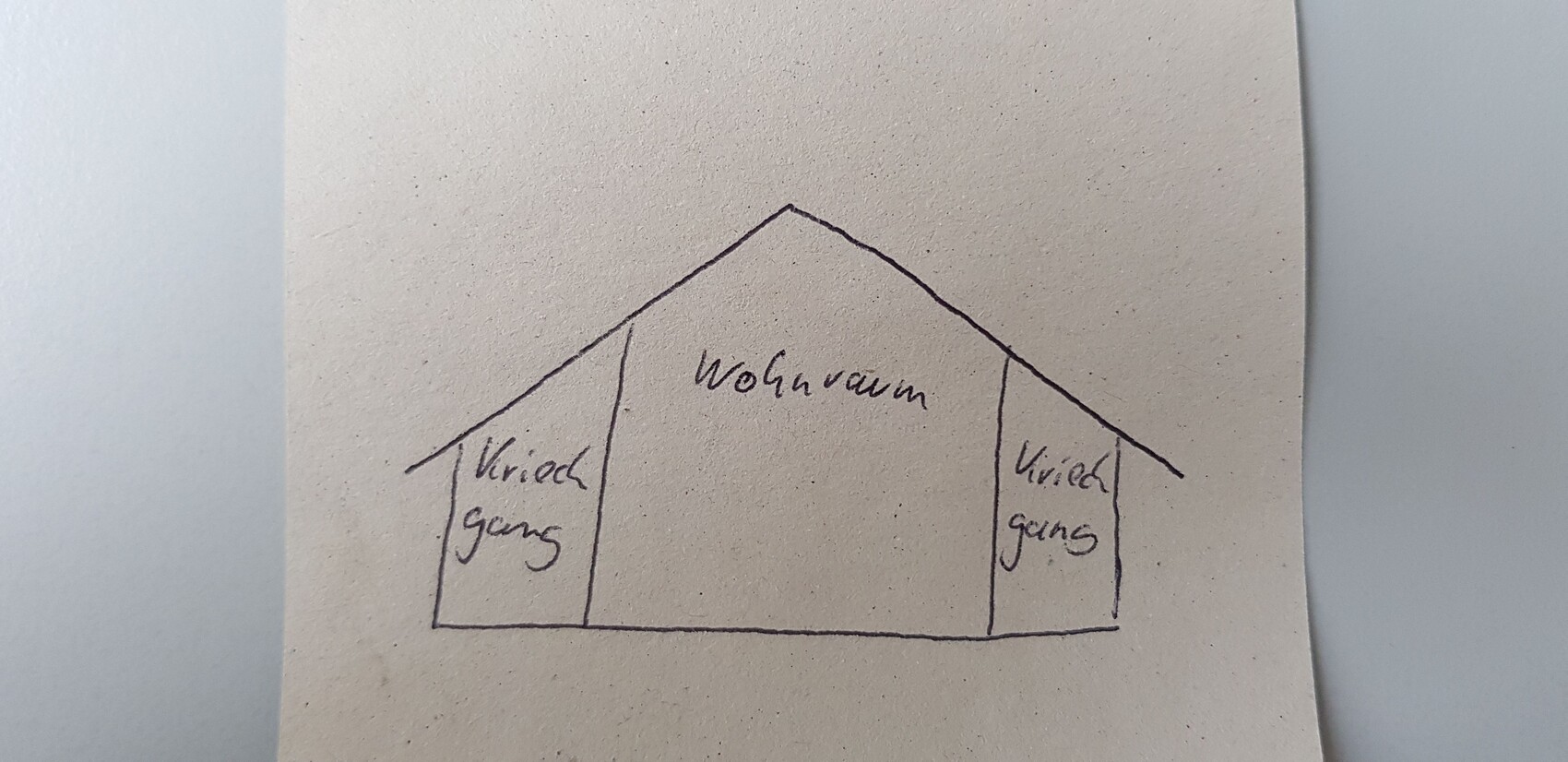 Einfaches Hausdiagramm mit einem zentralen Wohnraum und je einem schmalen Raum links und rechts.
