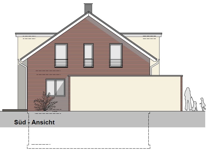 Südansicht eines zweistöckigen Hauses mit rotem Backstein und seitlichem Anbau; zwei Silhouetten rechts