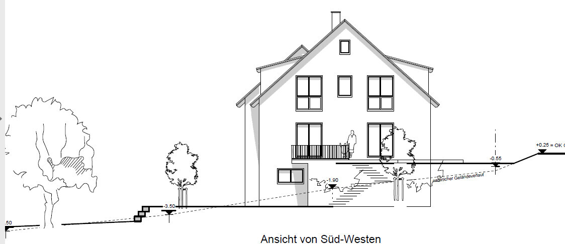 Zweistöckiges Haus am Hang mit Treppen, Balkon und Bäumen; Süd-West-Ansicht