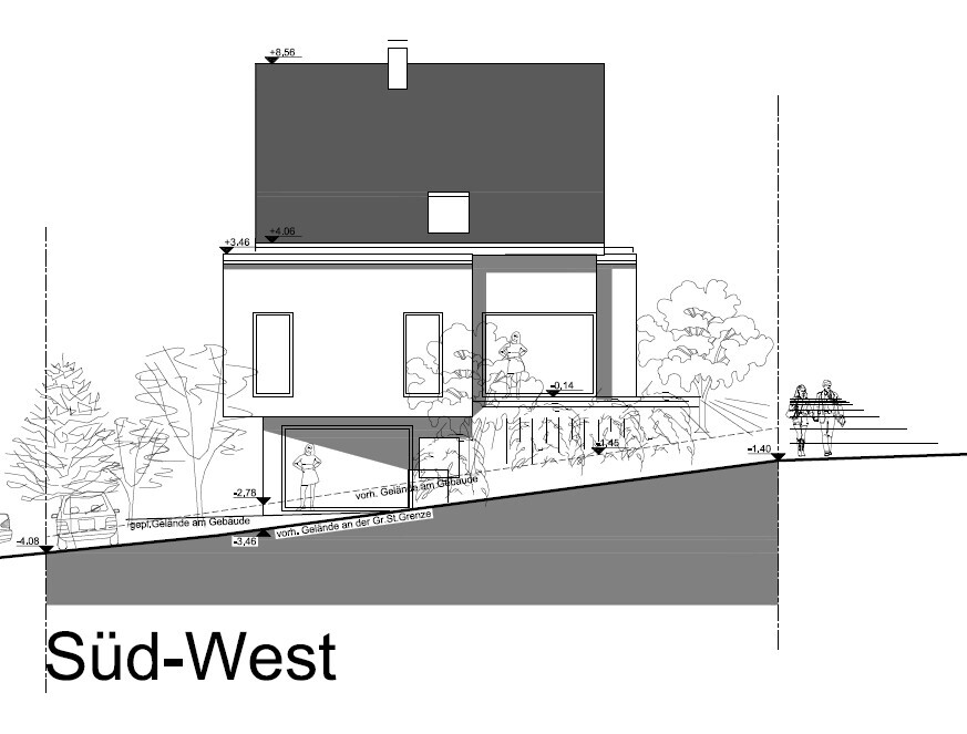 Architektonische Seitenansicht eines Hauses auf geneigtem Gelände mit Garten und zwei Personen.