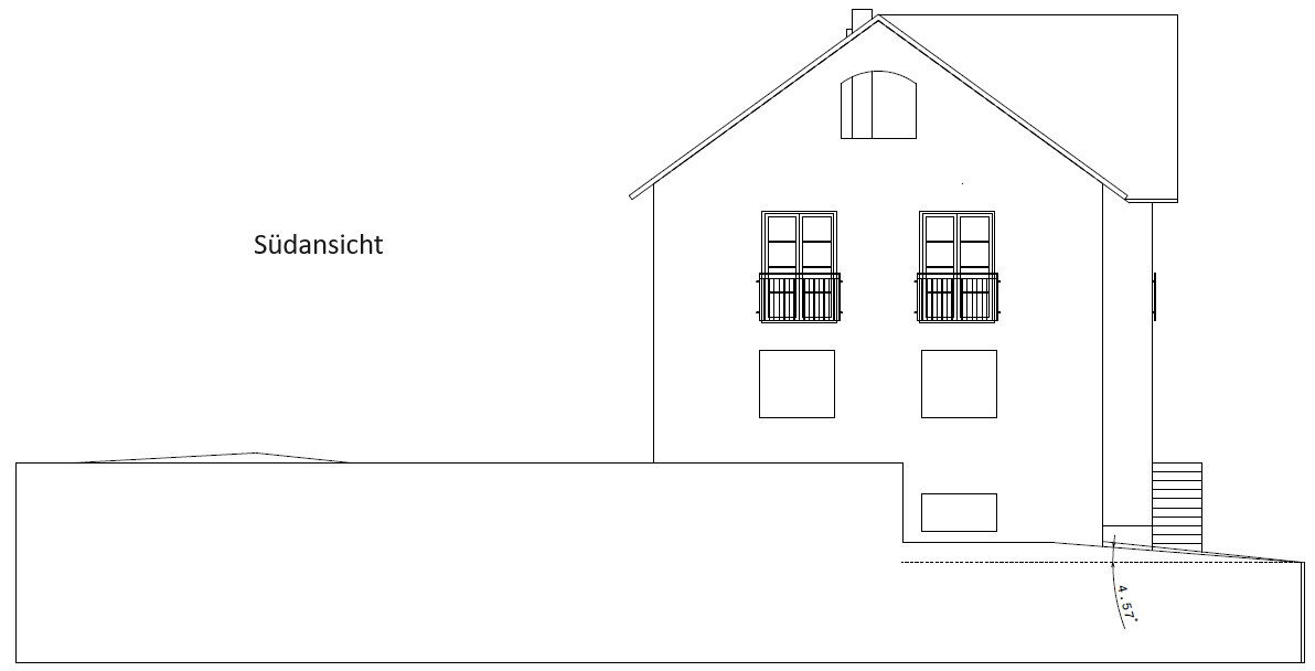 Südansicht eines zweistöckigen Hauses als Linienzeichnung mit Dachgaube und Balkone