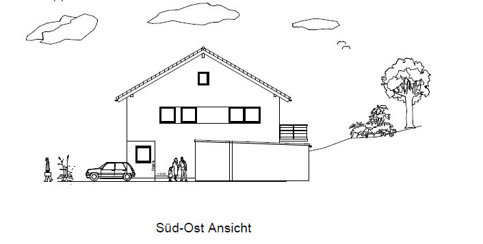 Schwarz-weiß Skizze eines Hauses, Südost-Ansicht, mit Auto und Baum im Hintergrund.