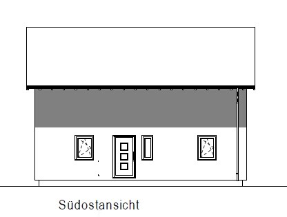 Frontansicht eines Hauses mit Tür und Fenstern, Südostansicht