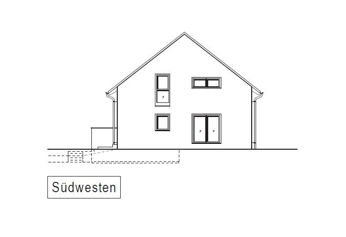 Architektonische Hausansicht von Südwesten mit Fenstern und Dachlinie.