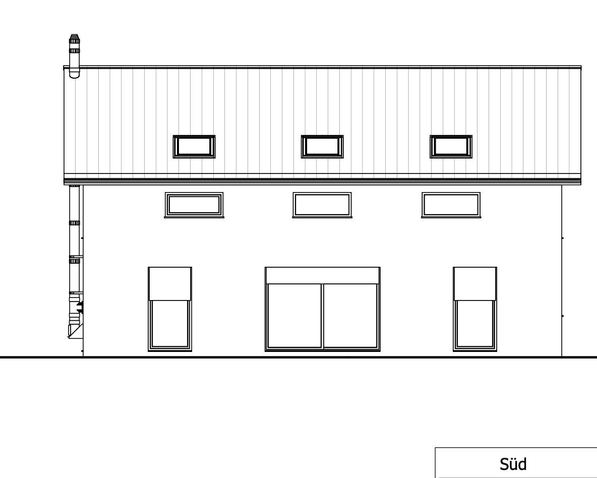 Südansicht eines zweistöckigen Hauses mit Satteldach, drei Dachfenstern und großen Fenstern.
