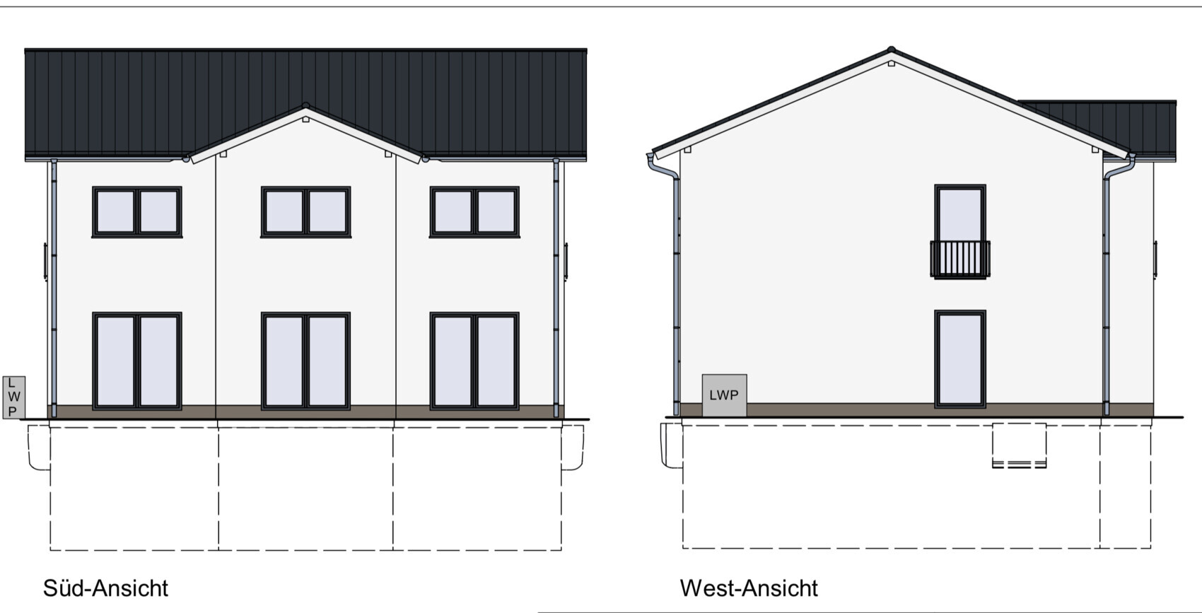Süd- und West-Ansicht eines weißen Hauses mit dunklem Satteldach, Fenstern und Balkon.