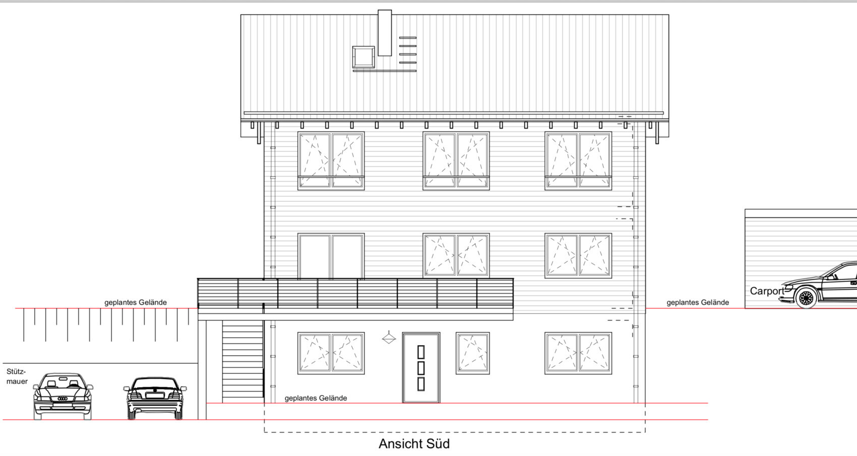 Südansicht eines dreistöckigen Hauses mit Terrasse, Balkon, Carport und geplantem Gelände.