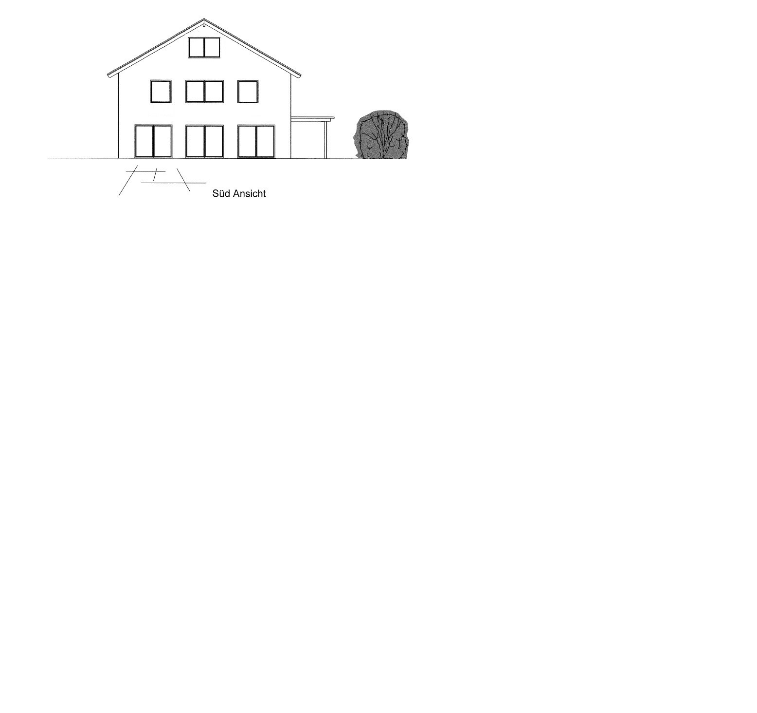 Architektonische Südansicht eines zweigeschossigen Hauses mit Fenstern Tür und Busch