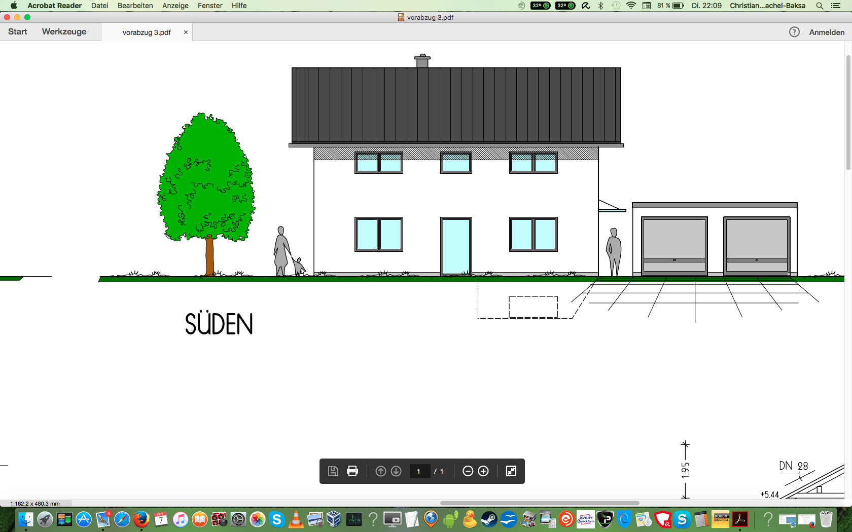 Vorderansicht eines Hauses mit Garage, Baum und Garten (Süden)