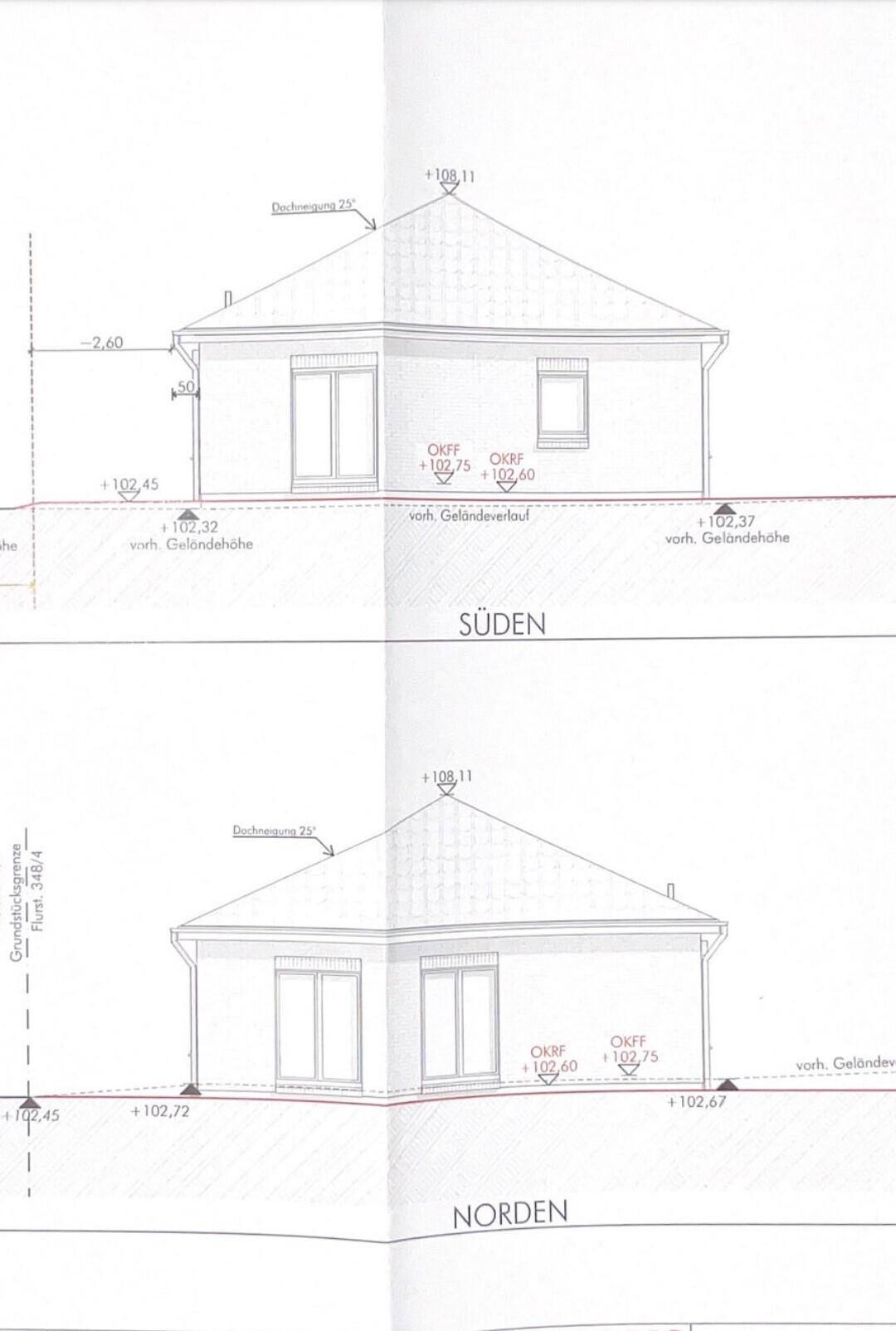 Architekturzeichnung: Haus mit Satteldach, Türen und Fenster, Süd- und Nordansicht