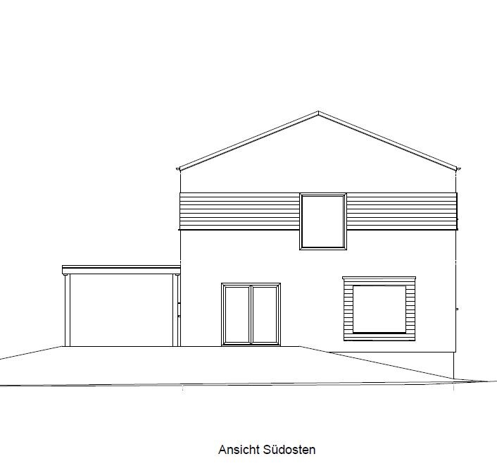 Südostansicht eines zweistöckigen Hauses mit Garage, Türen und Fenstern (Linienzeichnung).