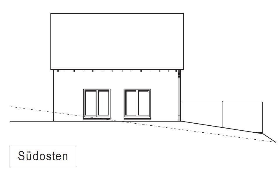 Linienzeichnung einer Hausfassade mit großem Dach und zwei Fenstern, Richtung Südosten