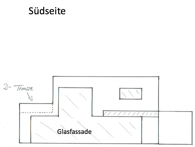 Skizzenhafte Südansicht eines Hauses mit Glasfassade und Terrasse