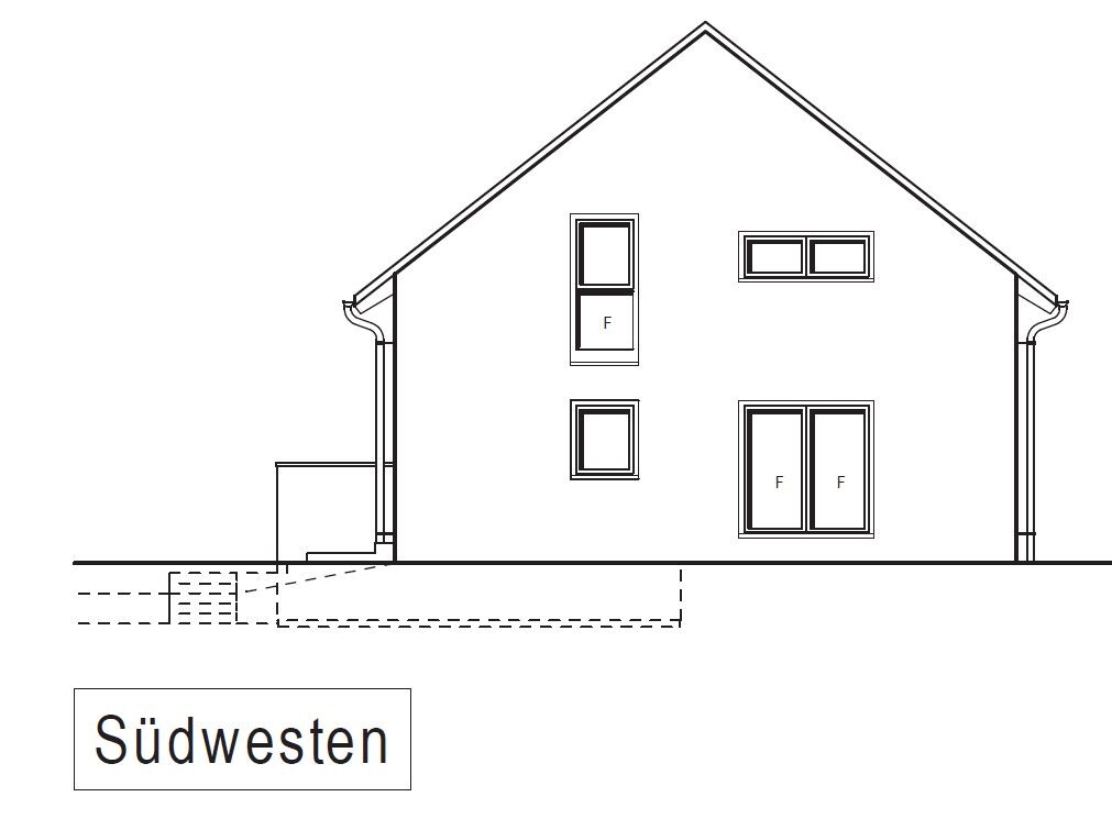 Zweigeschossige Hausansicht mit Dach, Fenstern und Türen, Richtung Südwesten