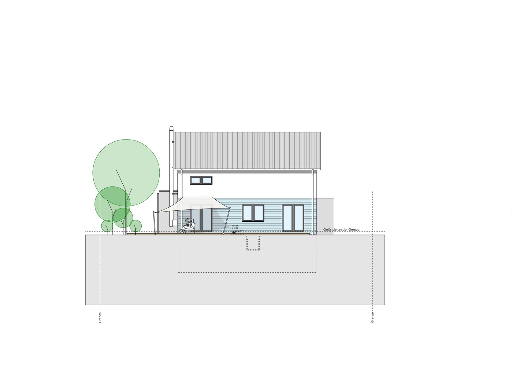 Ansicht eines modernen zweistöckigen Hauses mit grauem Satteldach, Terrasse, Sonnenschirm und Bäume