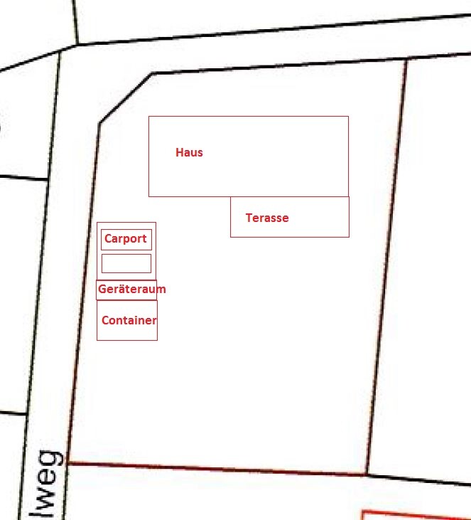 Grundriss eines Grundstücks mit Haus, Terrasse, Carport, Geräteraum und Container am linken Rand.