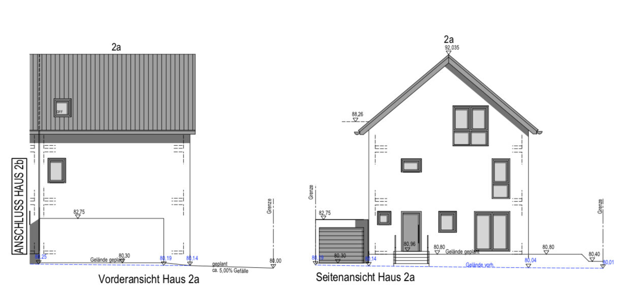 Front- und Seitenansicht eines zweigeschossigen Hauses 2a mit Satteldach, Fensterfronten und Garage.