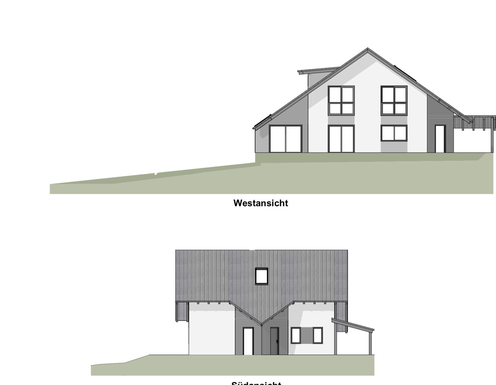 Architekturzeichnung: West- und Südansicht eines Hauses auf Hanglage.